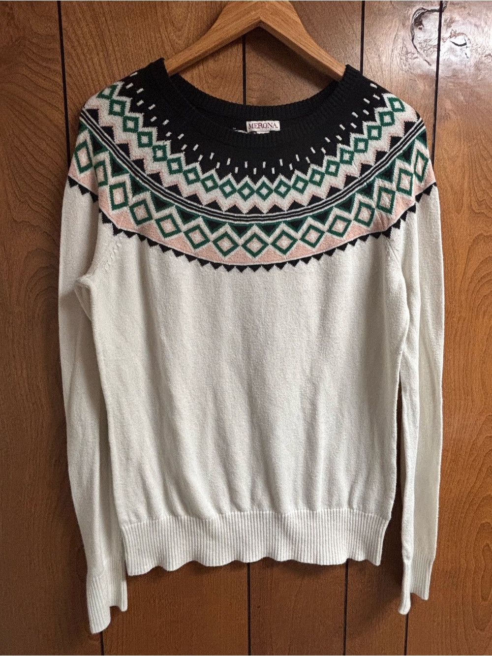Merona Cream Fair Isle Yoke Sweater with Black & Green Accents